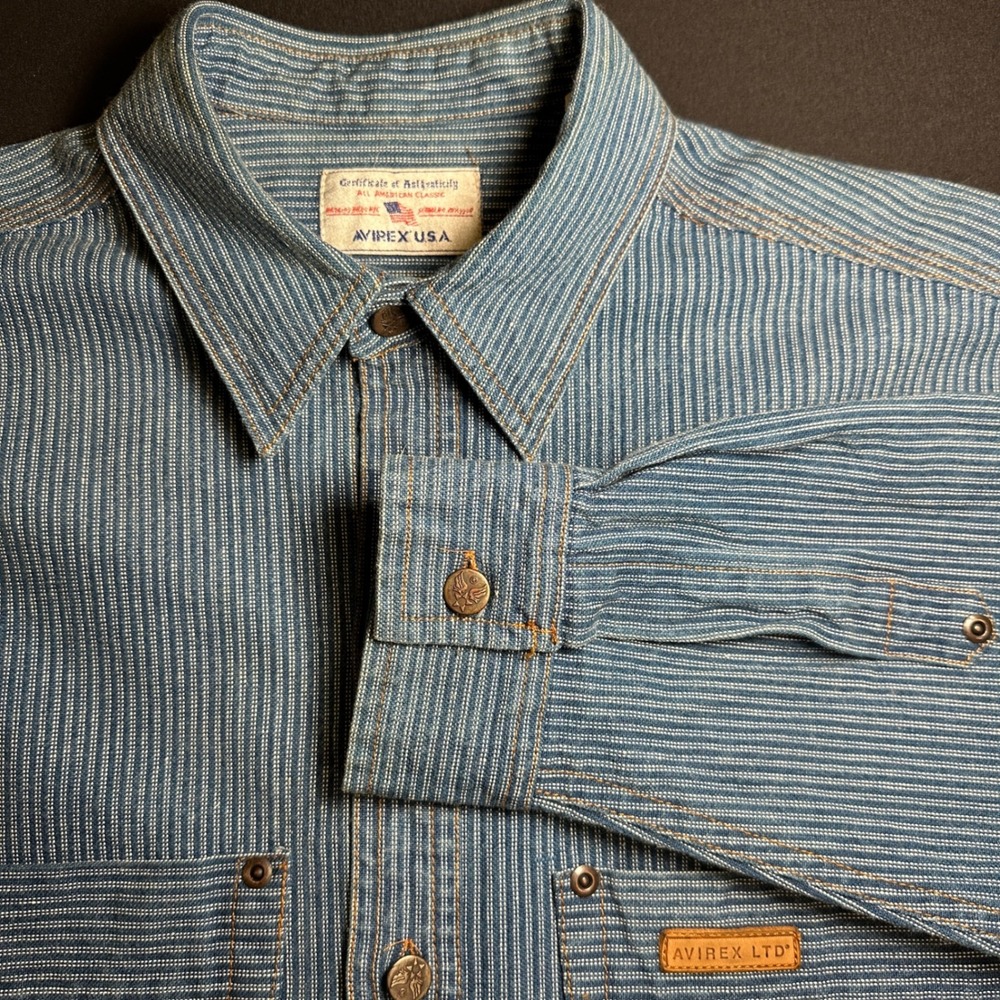 VTG Avirex Jacket Mens Medium Blue Denim Hickory Stripe‎ Button Workwear Hip Hop